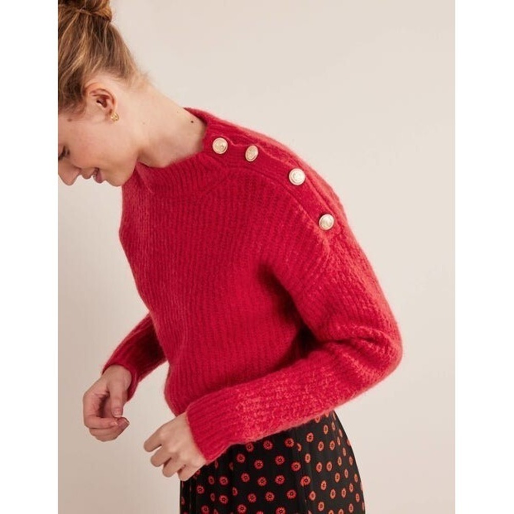 Boden Fluffy Wool Blend Ribbed Red Nautical‎ Button Jumper Sweater Size XS